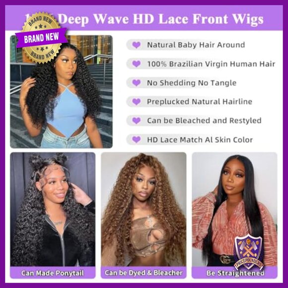 32 Inch Deep Wave Lace Front Wig Human Hair Pre Plucked 200% Density main image 4